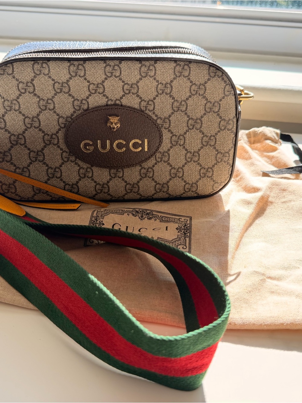 Gucci Beige GG Supreme Canvas Crossbody with Green-Red Web Strap